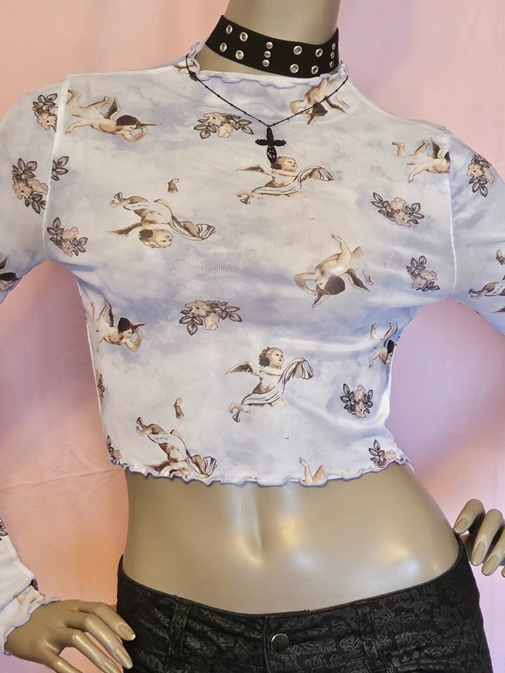 Printed Mesh Long-Sleeve Cherub Angels Crop Top